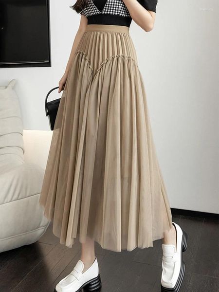 Jupes Tigena Patchwork Tulle Jupe Longue Pour Femmes 2023 Automne Coréen Mode Design Une Ligne Taille Haute Plissée Maille Midi Femme