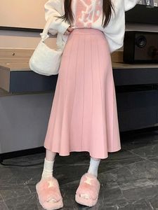 Jupes Tigena rose tricoté mi-longue jupe longue pour les femmes 2023 automne hiver coréen élégant une ligne taille haute plissée mi-longue femme