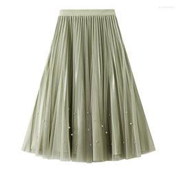 Rokken TIGENA Omkeerbare Kralen Tulle Midi Rok Vrouwen 2023 Zomer Koreaanse Casual Solid Mesh Hoge Taille Geplooide Knie Vrouwelijke