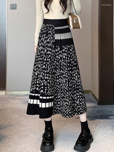 Jupes Tigena épais chaud tricoté jupe pour femmes 2023 automne hiver Vintage Plaid Floral une ligne taille haute plissée Midi longue femme