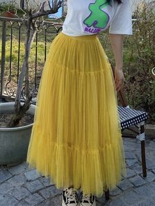 Rokken TIGENA Tutu Tulle is een geplooide lange damesjurk voor lente/zomer in Korea. Elegante mesh A-lijn hoog getailleerde lange jurk voor dames in geel 230710