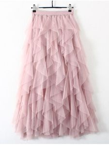 Rokken tigena tutu tuLle lange maxi vrouwen mode Koreaanse schattige roze hoge taille geplooide mesh vrouwelijke dame esthetische faldas 230510