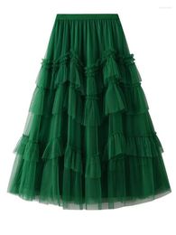 Faldas TIGENA Falda larga de tul para mujer 2024 Primavera Verano moda malla escalonada una línea de cintura alta plisada Maxi mujer verde caqui