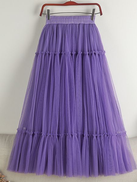 Faldas TIGENA Mujer Tutu Tul Falda larga Primavera Verano Coreano Elegante Sólido Una línea Cintura alta Plisado Maxi Falda Mujer Púrpura 230511