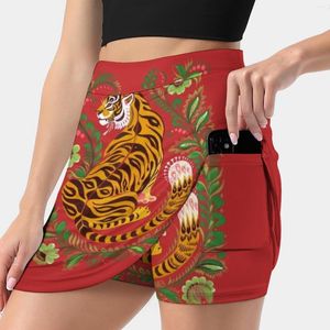 Jupes Tiger Folk Art Femmes Jupe Sport Skort Avec Poche Mode Style Coréen 4Xl Rouge Folkart Exotique
