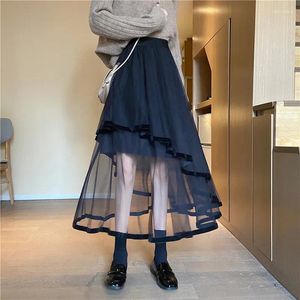 Rokken TingYiLi Asymmetrische Beige Zwart Tule Womens Sexy Sheer Midi Lange Rok Koreaanse Stijl Mode Dame Zomer Hoog-Laag