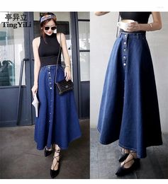 Jupes Tingyili Front Front Long Denim Jupe Jeans Saias une ligne décontractée Maxi avec poches Femmes Summer Style Jean