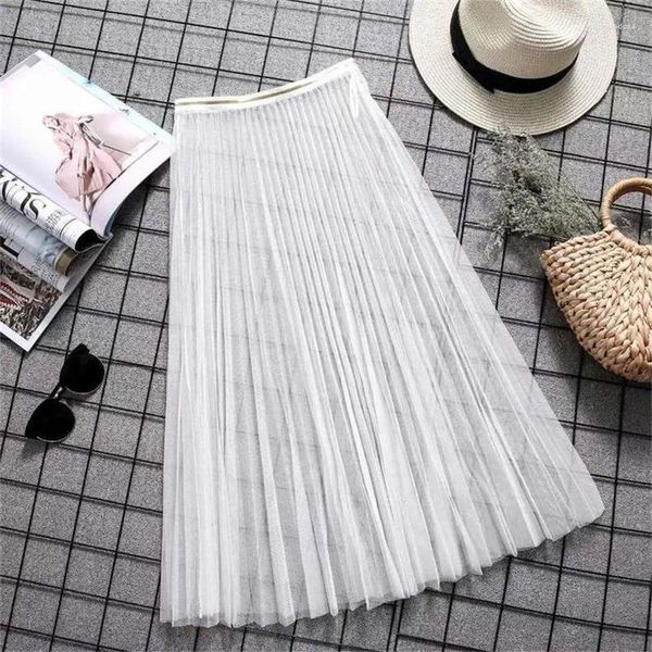 Jupes tingyili sexy transparent plissé long tulle jupe femmes coréen été monores à une couche noire blanc rose gris gris transparent