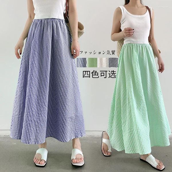 Jupes Tingyili vintage pour femmes plaid a-ligne longue jupe haute taille beige beige bleu vert green coréen style décontracté maxi été