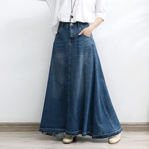 Jupes TIYIHAILEY Longue Maxi A-ligne Jupe Femmes Taille Élastique Printemps Automne Denim Jeans Vintage Denim Big Hem M-2XL 230911