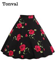 Jupes Tonval Floral Vintage Swing Midi Jupe Rétro Fleur Imprimer Femmes Élégantes Années 1950 Taille Haute Coton Une Ligne Jupe 230615