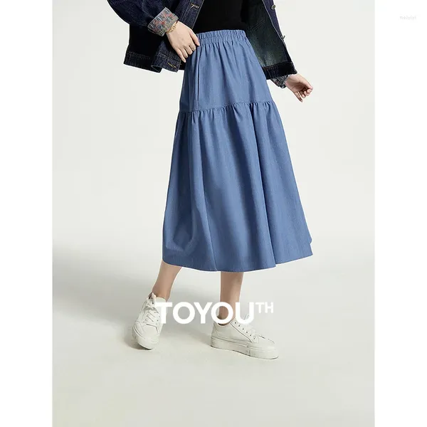 Jupes Toyouth Femmes Denim Jupe 2024 Automne Taille élastique en forme de A Lâche Pli Design Vintage Polyvalent Bleu Clair Mi-longueur