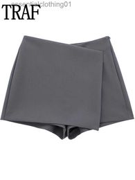 Jupes Traf 2023 Shorts de jupe grise enveloppe haute enveloppe courte jupe femme y2k streetwear asymétrique skort printemps mode pantalon de jupe décontractée l231222