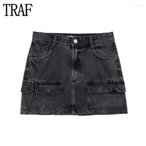 Faldas TRAF 2024 Denim Cargo Falda Mujer Jeans Mini para botón Mediados de cintura Mujer Otoño Básico Corto Mujer