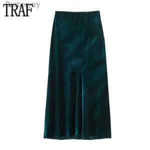 Rokken TRAF 2024 Fluwelen Midi Rok Vrouwen Hoge Taille Lange Rok Vrouw Groene Geplooide Rokken voor Vrouwen Vintage Party vrouwen RokkenL231212