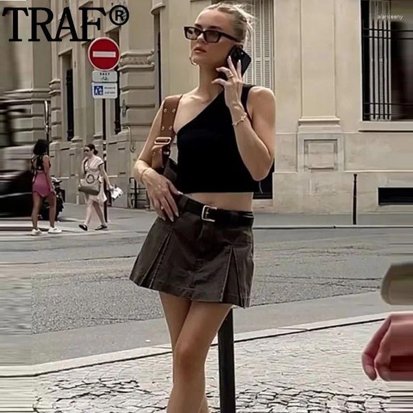 Jupes TRAF 2024 Femme Brown Min Jupe Pantalon Taille Haute Été Short Court Streetwear Plissé Filles Y2K Skort Femme