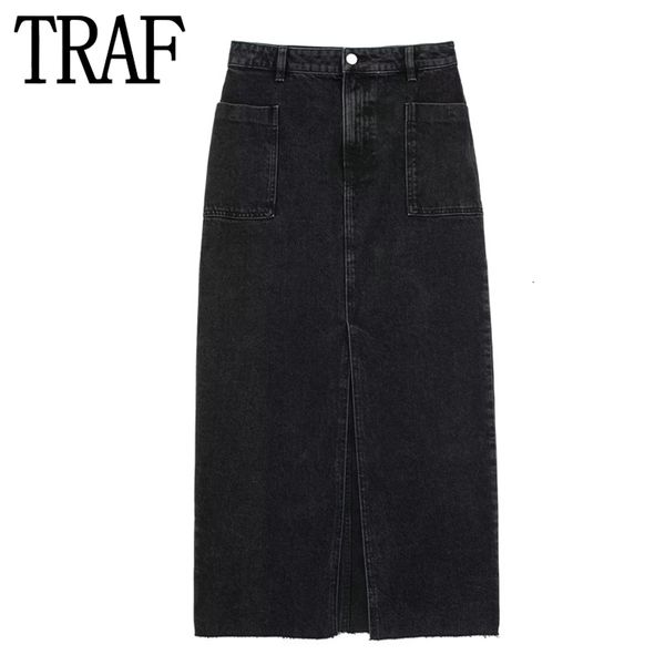 Jupes TRAF Noir Denim Jupe Femmes Jean Jupes Longues pour Femmes Mode D'été Taille Haute Midi Jupe Femme Streetwear Fente Jupe 230705