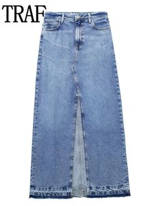 Rokken Traf Blue Denim Hoge Taille Midi Vrouwen Streetwear Lange Vrouw Mode 2023 Lente Faded Slit Maxi 230323