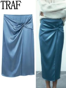 Jupes TRAF Bleu Satin Femmes Noeud Long Pour La Mode 2023 Printemps Taille Haute Midi Chic Et Femme Élégante 230317