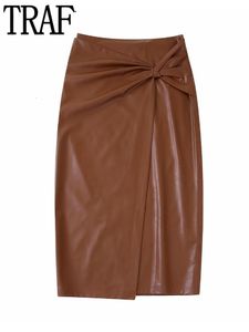 Jupes TRAF Faux cuir jupe femmes marron plissé jupes longues pour femmes automne taille haute Midi jupes femmes fente femme jupe 230308