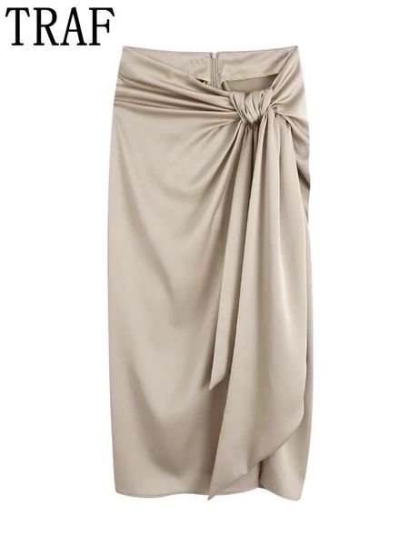 Jupes TRAF nouées jupe longue femmes jupe taille haute avec fente froncé jupes élégantes femme mode Vintage Midi jupe fendue 230503