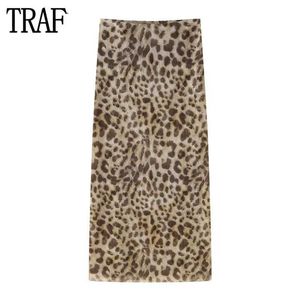 Jupes Traf Leopard Print tulle jupes pour femmes hautes taies longues femmes d'été plage femme jupes streetwear jupe midi droite Q240507