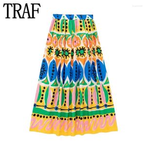 Rokken TRAF Gedrukt Geplooide Lange Rok Vrouwen Hoge Taille Zomer Vrouw Mode 2024 Ruches Streetwear Midi Strand Sets