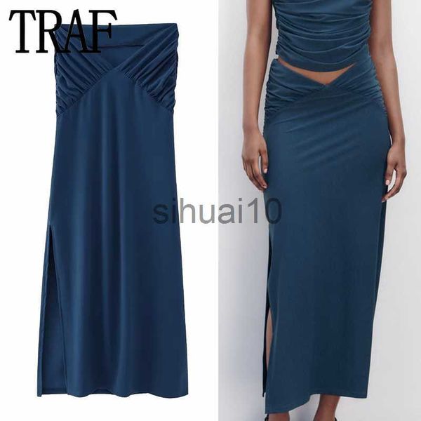 Jupes TRAF Ruché Jupes Longues Pour Femmes Mode 2023 Nvay Bleu Taille Haute Jupe Femme Été Midi Jupe Fendue Jupes Femmes Élégantes J230621