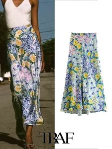 Rokken TRAF Vrouwen Fashion Design Bloemen Gedrukt Zijde Satijn Drape Midi Rok Vrouwelijke Side Taille Rits Rokken Mujer 230417