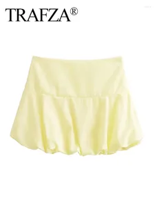 Jupes Trafza Femelle High Street Short jaune taille plissée décore Zipper Fashion Summer Mini femme 2024 TRENDY