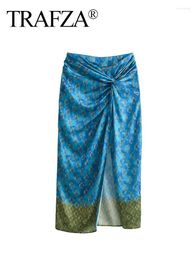Jupes Trafza Summer Long Jupe Femmes Tendy Imprimerie haute taille plissée Slit décorer Zipper Femelle Bohemian Style Mid-Calf