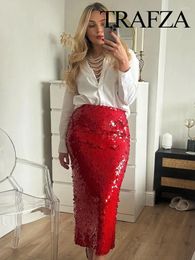 Jupes TRAFZA Femmes Chic Mode Perle Décoration Rouge Casual Midi Jupe Vintage Taille Haute Avec Doublure Femme Mujer