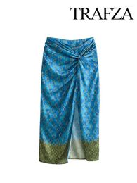 Jupes Trafza Femmes Summer Fashion Long Imprimé haute taille plissée Slit décorer Zipe Bohemian Style Bohemian Jupe