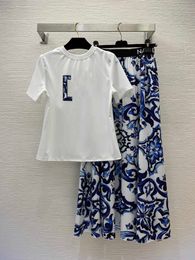 Jupes Tshirt Two Piece Plus taille Vêtements pour femmes coffre imprimé à manches courtes T-shirt bleu imprimé haute jupe à jupe longue robe de créateur
