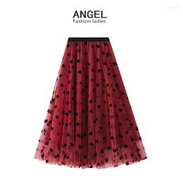 Rokken Tule Maxi Rok Vrouwen Lente Zomer Koreaanse Schattig Hart Patroon Massaal Mesh Grote Zoom Hoge Taille Lange Vrouwelijke