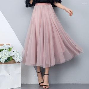 Rokken tule rok vrouwen lange maxi harajuku preppy stijl 2023 lente zomer zwart roze hoge taille geplooide vrouw