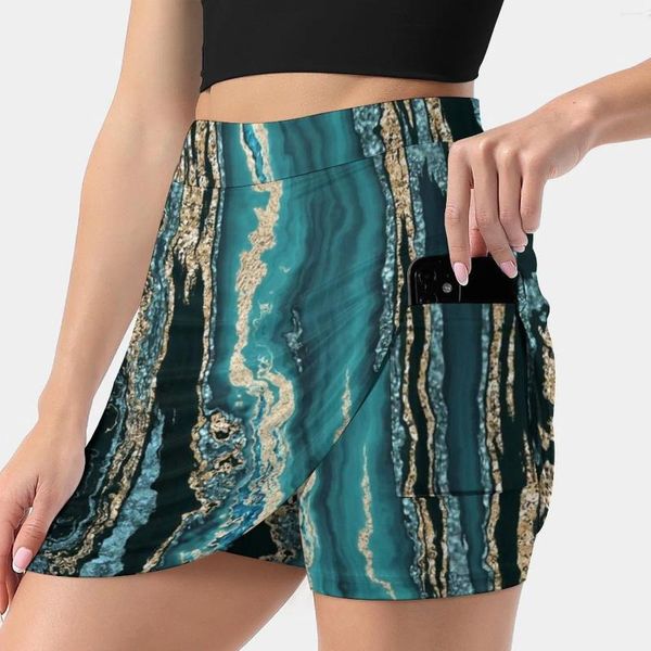 Jupes turquoise or scintillant de luxe en marbre gemme art jupe féminin sport skort avec poche mode coréen style 4xl