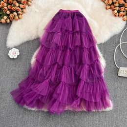 Jupes Tutu Tulle longues femmes 2023 automne coréen solide une ligne taille haute maille à plusieurs niveaux Maxi jupe femme Faldas esthétique