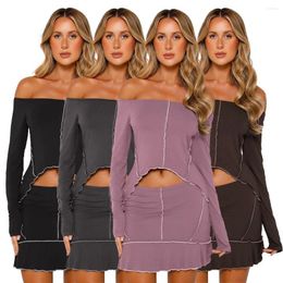 Rokken Tweedelige sets Topshirts met lange mouwen Minirok Bodycon Sexy Slash Neck-kleding Strandoutfits Streetwear-set voor dames