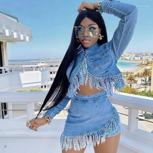 Rokken tweedelige dameskleding denim sportkleding met lange mouw crop top jeans kwast mini rok broek pak hoogwaardige vestidos 2022