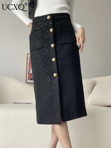 Jupes UCXQ tempérament or simple boutonnage concepteur Tweed jupe pour les femmes élégant haut Wasit noir mince jupes automne 3A4091 231129