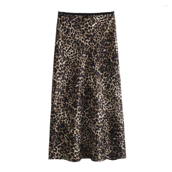 Faldas UNIZERA2024 Falda de cintura alta con textura de satén de seda estampada con estampado de animales versátil informal de principios de primavera