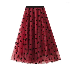 Rokken VANOVICH Winter Franse Stijl Retro Hoge Taille Liefde Print Lange Gaas Rok Mode Temperament A-lijn Losse Baljurk