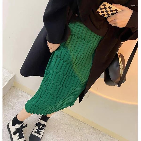 Jupes velours tricoté femmes épaissi automne hiver chaud maigre Midi jupe droite Vintage taille haute coréen O123