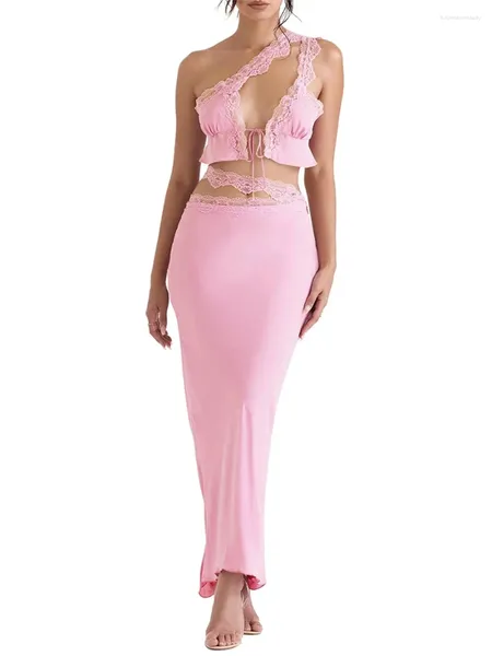 Jupes Robe Sexy De 2 Piezas Para Mujer Largo Sin Tirantes Fiesta Verano Un Hombro Rosa S