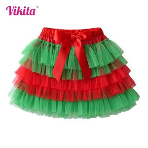 Rokken Vikita Girls Nieuwjaar Xmas Kerstmis Red Green Mini Skirts Kindercake gelaagde tutu rok met boogknoop kinderen prinses rokken y240522