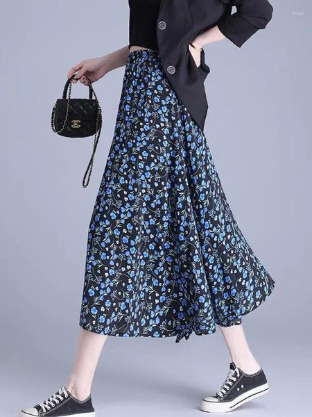 Jupes Vintage noir fleur impression a-ligne bohème 2024 printemps été femmes bleu élégant élastique taille haute jupe Midi