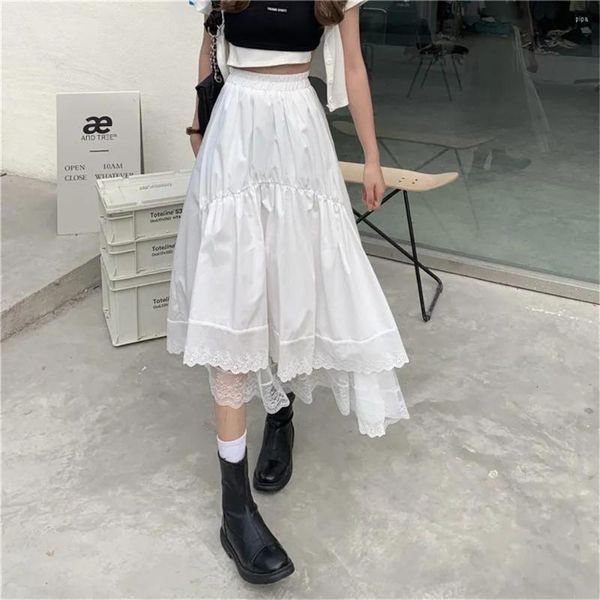 Faldas Vintage negro gótico Y2K falda larga otoño encaje costura Irregular plisado mujeres blanco coreano sólido ropa informal estilo Hip Hop