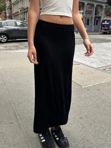 Jupes Vintage noir Slim fendu longues femmes été coton élastique taille haute droite Midi solide Simple doux Faldas Chic