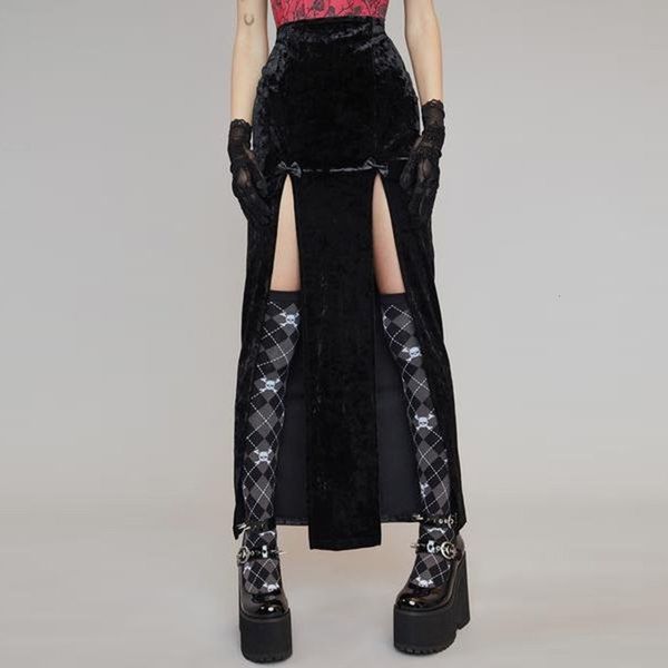 Jupes Vintage noir velours jupes fendues esthétique Sexy taille haute nœud moulante jupe longue élégant E fille Punk Partywear vêtements 230420